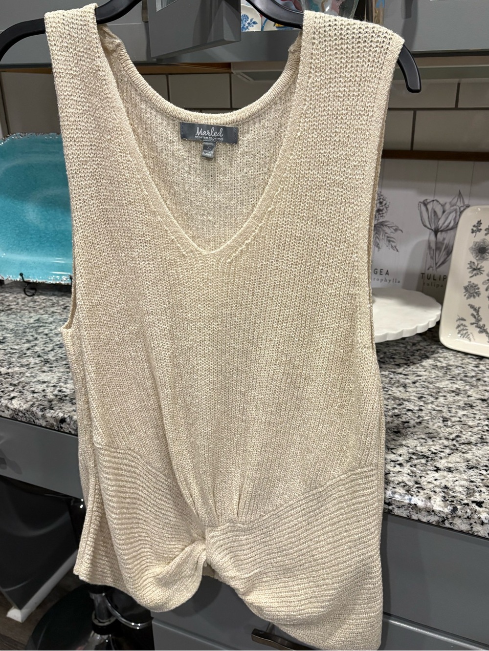 Marled Cream Knit V-Neck Twist-Front Tank Top
